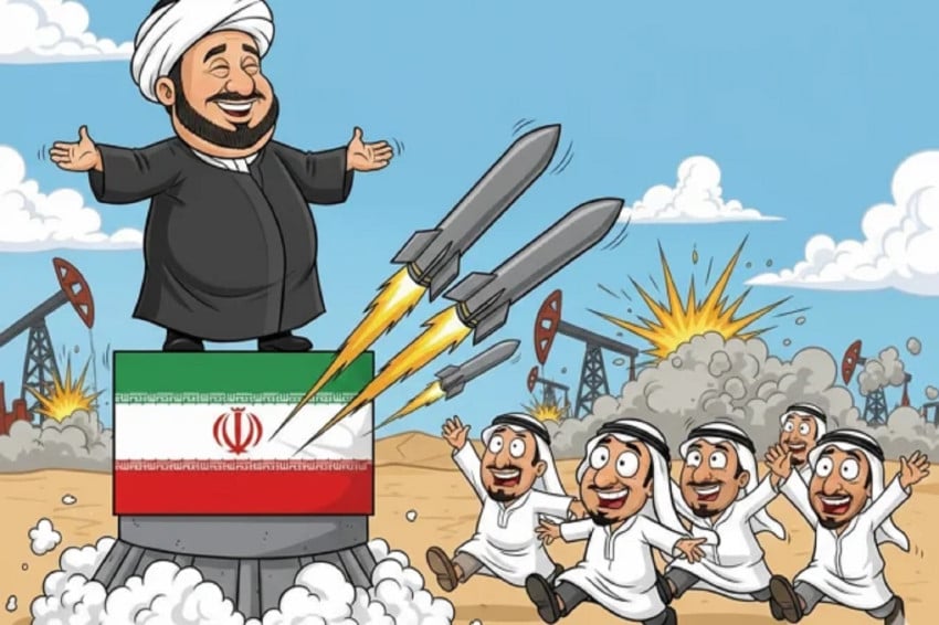 Karikatur buatan AI yang mengambarkan publik Arab Sunni berbalik mendukung Iran Syiah karena menyerang Israel. Foto/Times of Israel