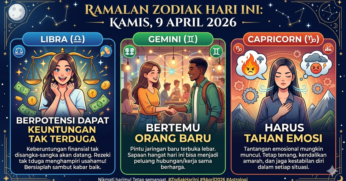 Ramalan Zodiak Hari Ini 9 April 2026: Libra Berpotensi Dapat Keuntungan Tak Terduga, Gemini Bertemu Orang Baru, Capricorn Harus Tahan Emosi!