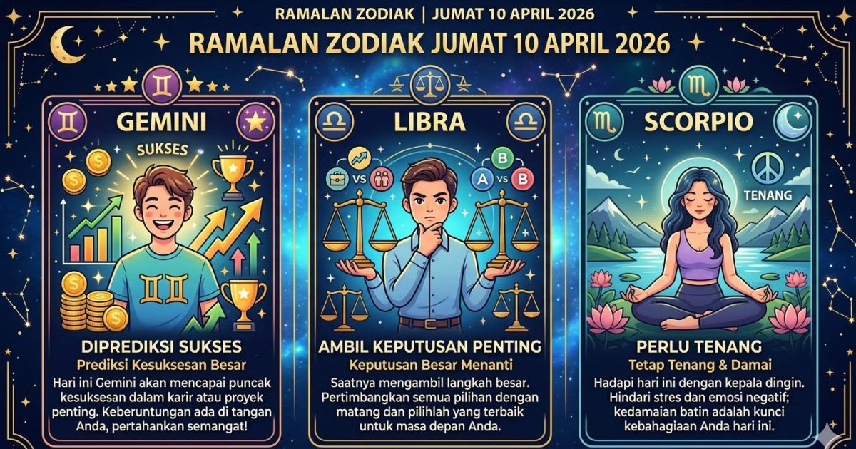 Ramalan Zodiak Besok Jumat 10 April 2026: Gemini Diprediksi Sukses, Libra Ambil Keputusan Penting, Scorpio Perlu Tenang