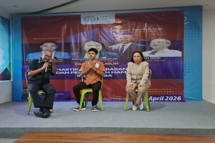 Pernyataan pendiri Saiful Mujani dan kasus penyiraman air keras aktivis KontraS Andrie Yunus menjadi bahan diskusi publik bertajuk Memastikan Kebebasan Sipil di Indonesia di Balai Pustaka, Jakarta Timur, Senin (13/4/2026). Foto: Ist