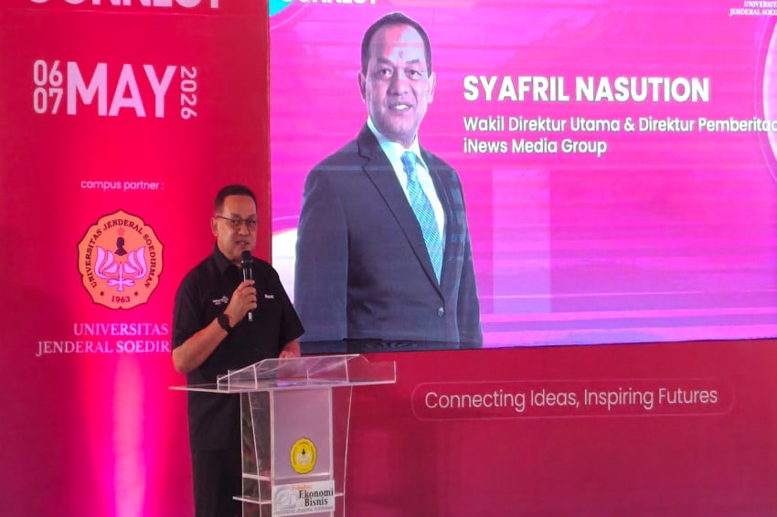 Wakil Direktur Utama & Direktur Pemberitaan iNews Media Group, Syafril Nasution membuka  iNews Campus Connect (ICC) di Unsoed. Foto/Mei Sada S.