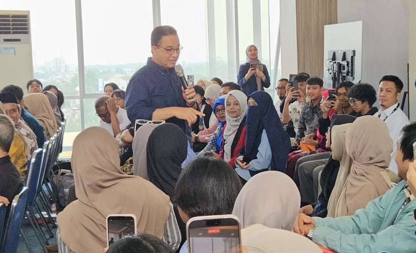 Anies Baswedan saat menjadi pembicara dalam open house di Universitas Paramadina, Cipayung, Jakarta Timur, Rabu (6/5/2026). Foto/Yuwantoro Winduajie