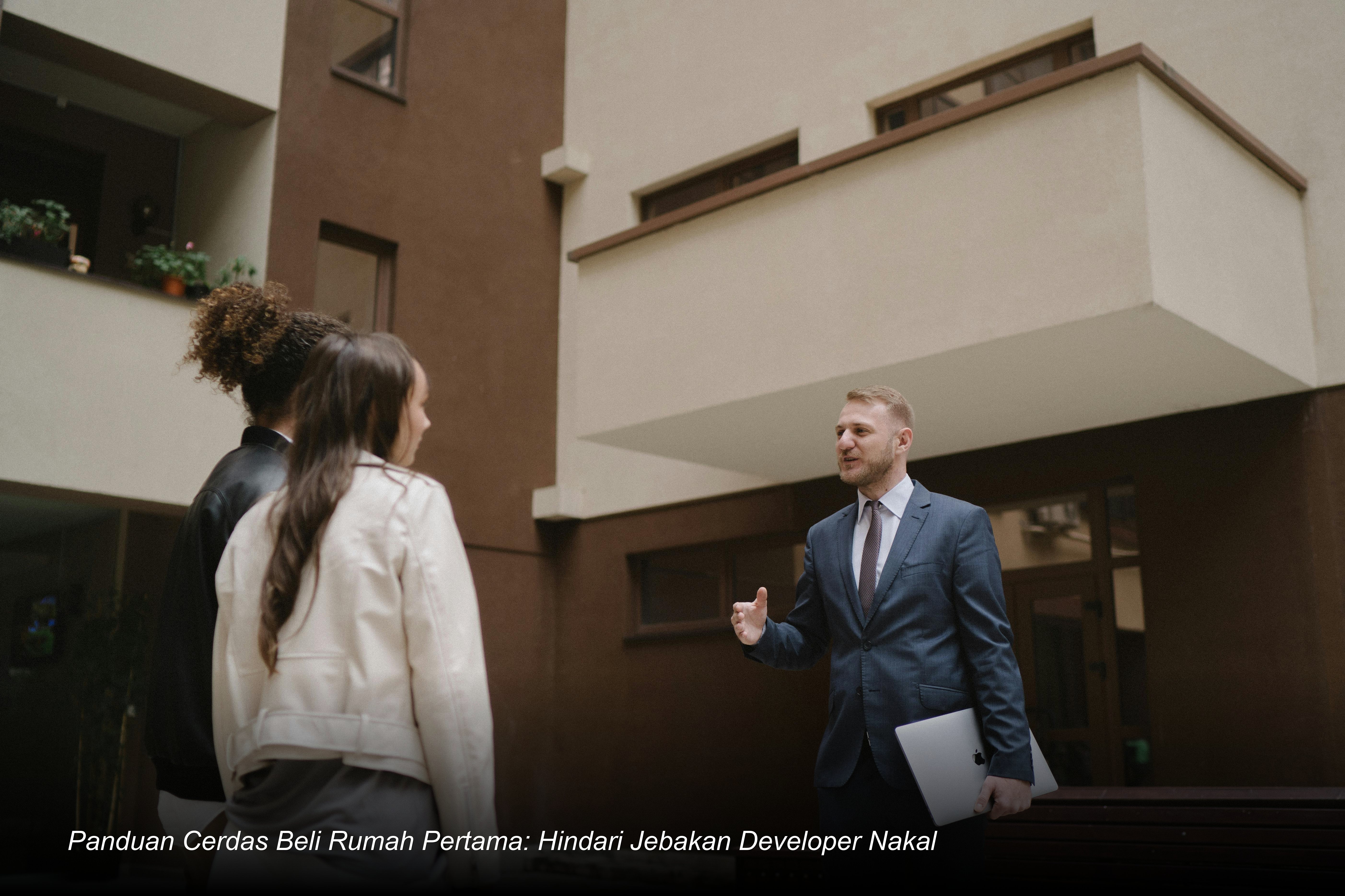 Seorang pasangan muda sedang menandatangani dokumen akad kredit di hadapan notaris dan petugas bank di kantor cabang.