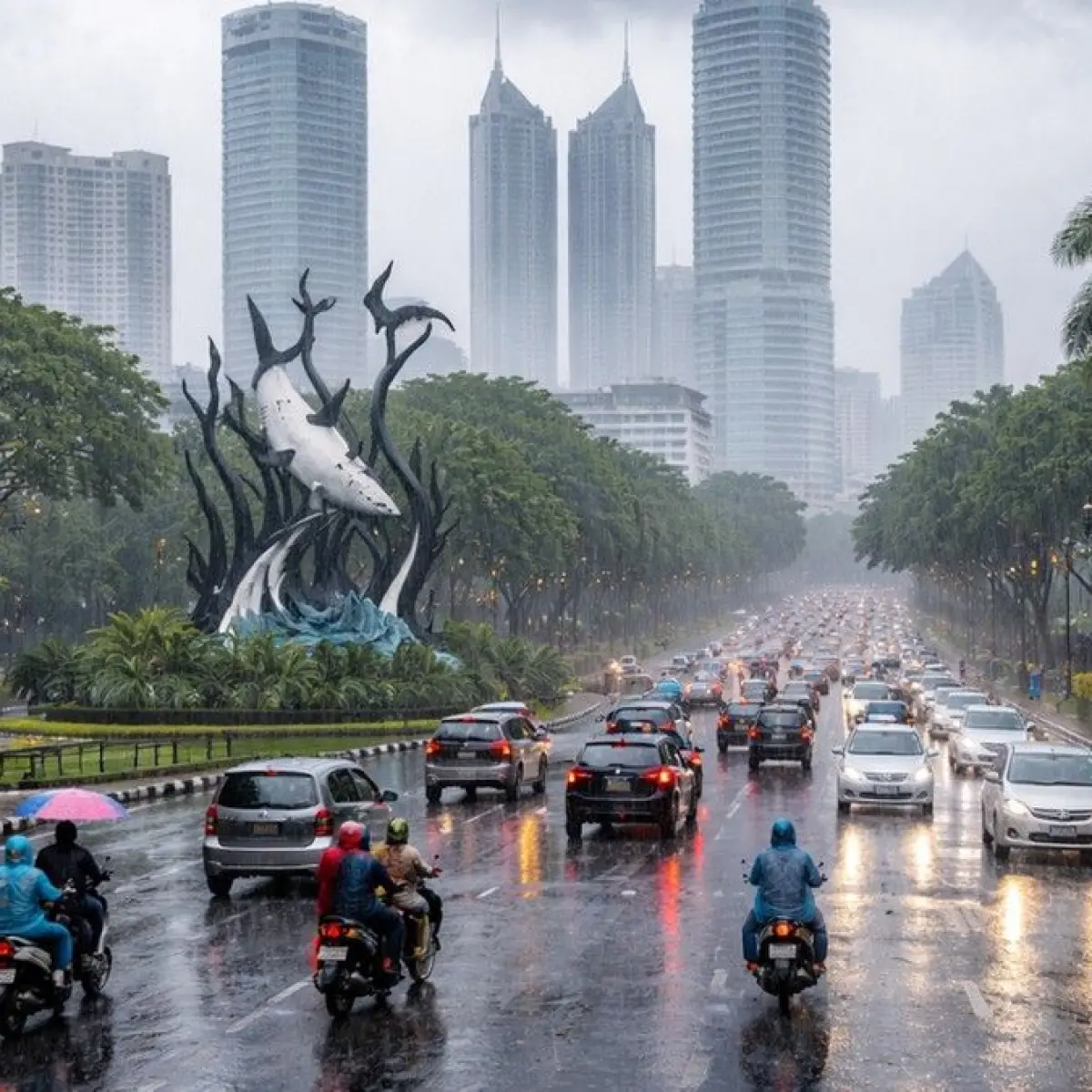 Ilustrasi cuaca Surabaya hujan ringan hari ini. Foto: ChatGPT