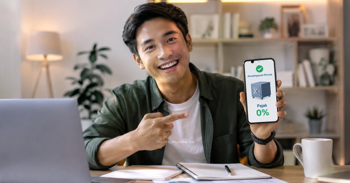 Ilustrasi seorang pekerja menunjukkan aplikasi penyimpanan devisa di dalam negeri, mencerminkan peluang insentif pajak, kepercayaan investor, dan optimisme ekonomi. (Foto AI/ Abu Bakar Boli)