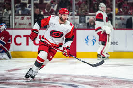 Taylor Hall of the Carolina Hurricanes warms up before Game 3 of the Eastern Conference final against the Montreal Canadiens on May 25.Josh Lavallee / NHLI via Getty Images file