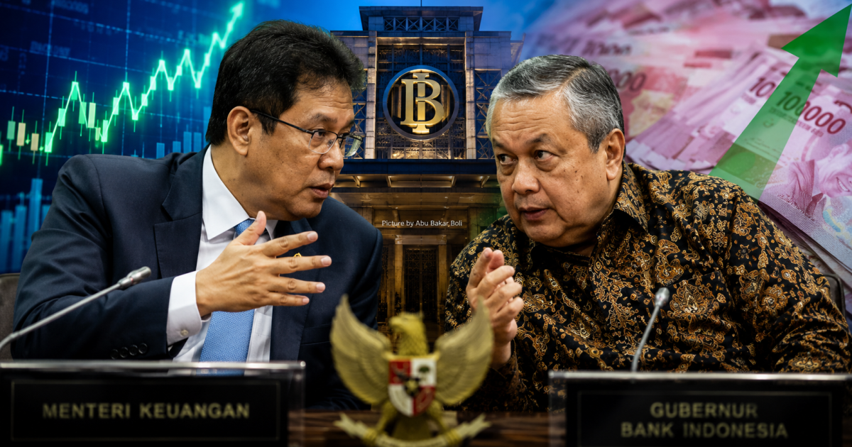 Ilustrasi pertemuan strategis Menteri Keuangan dan Gubernur Bank Indonesia dengan latar grafik penguatan rupiah, mencerminkan sinergi kebijakan ekonomi nasional. (Foto AI/ Abu Bakar Boli)