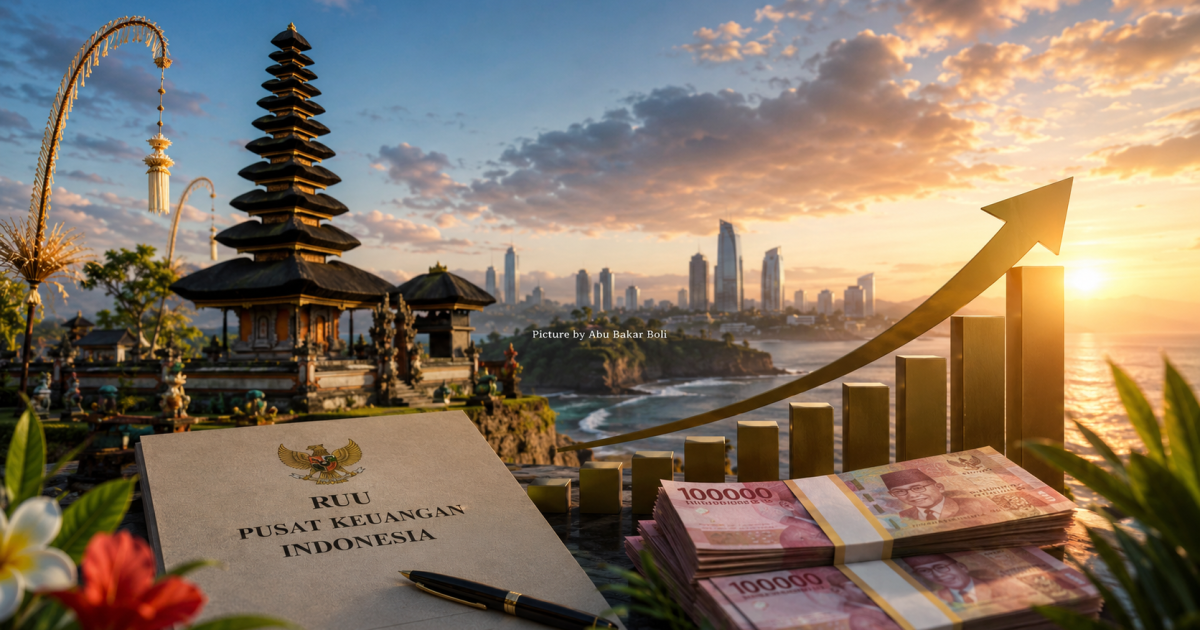 Ilustrasi Bali diproyeksikan menjadi pusat keuangan baru Indonesia, memicu optimisme investasi dan arus modal besar seiring pembahasan regulasi strategis. (Foto AI/Abu Bakar Boli)