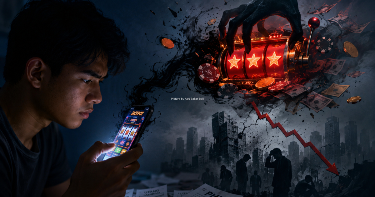 Ilustrasi seorang pria menatap layar ponsel yang menampilkan judi online, dengan simbol kerugian ekonomi dan bisnis di tengah ancaman digital. (Foto AI/Abu Bakar Boli)