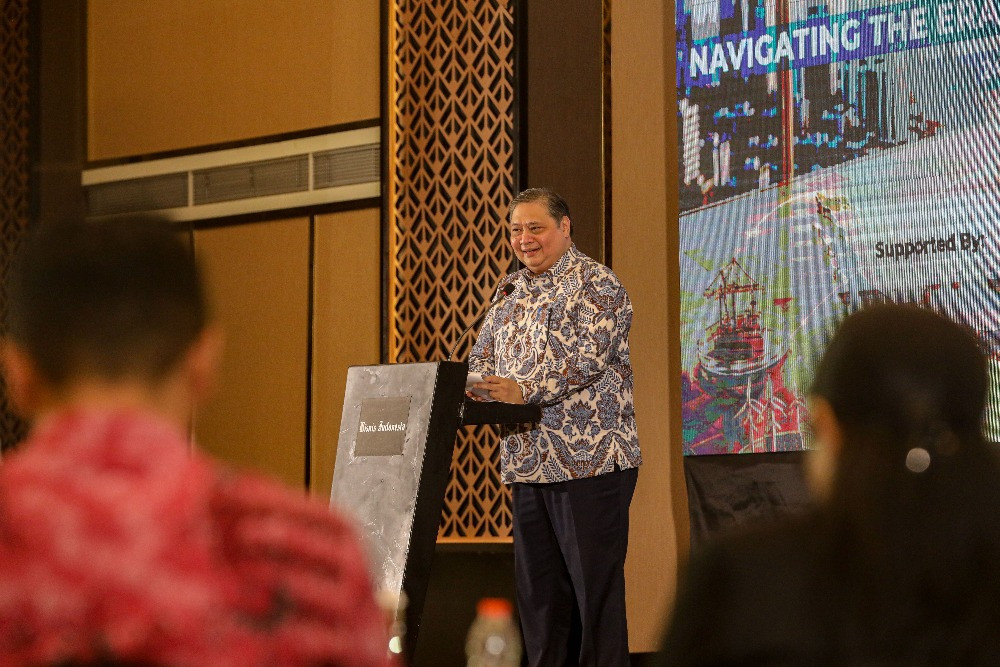 Menteri Koordinator Bidang Perekonomian Airlangga Hartarto menyampaikan pemaparan di acara BIG Economic Insights 2026 di Jakarta, Rabu (24/6/2026)./Bisnis-Eusebio Chrysnamurti
