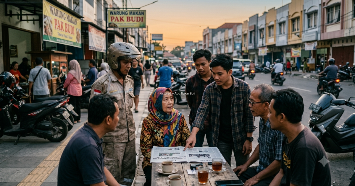 Ilustrasi sekelompok warga Indonesia yang tengah berkumpul di sebuah warung kopi di pinggir jalan pada waktu senja, mendiskusikan berita hangat mengenai rencana pemerintah memangkas jumlah BUMN. (Foto AI/Abu Bakar Boli)