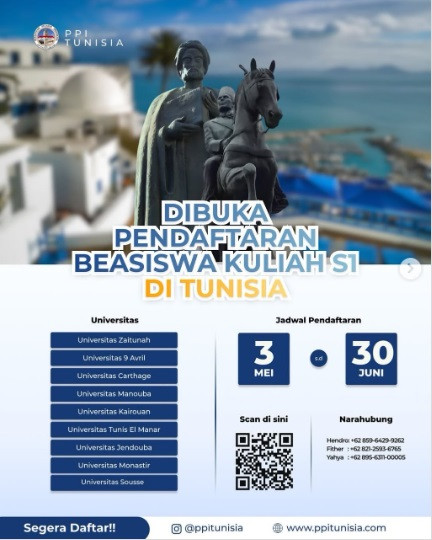 PPI Tunisia buka pendaftaran Beasiswa S1 Tunisia 2026. DOK IG @ppitunisia