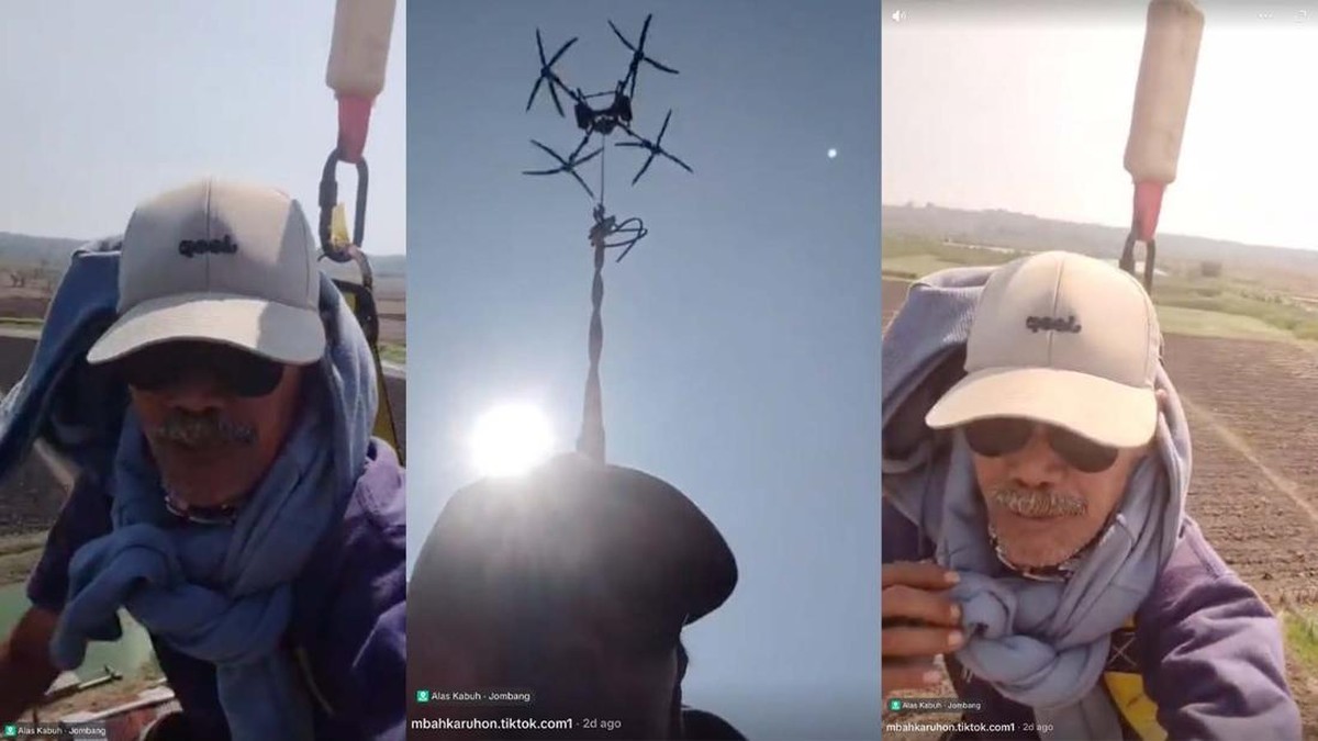 Foto: Seorang petani menuju kebun menggunakan drone. (Tangkapan Layar Tiktok/@mbahkaruhon.tiktok.com1)