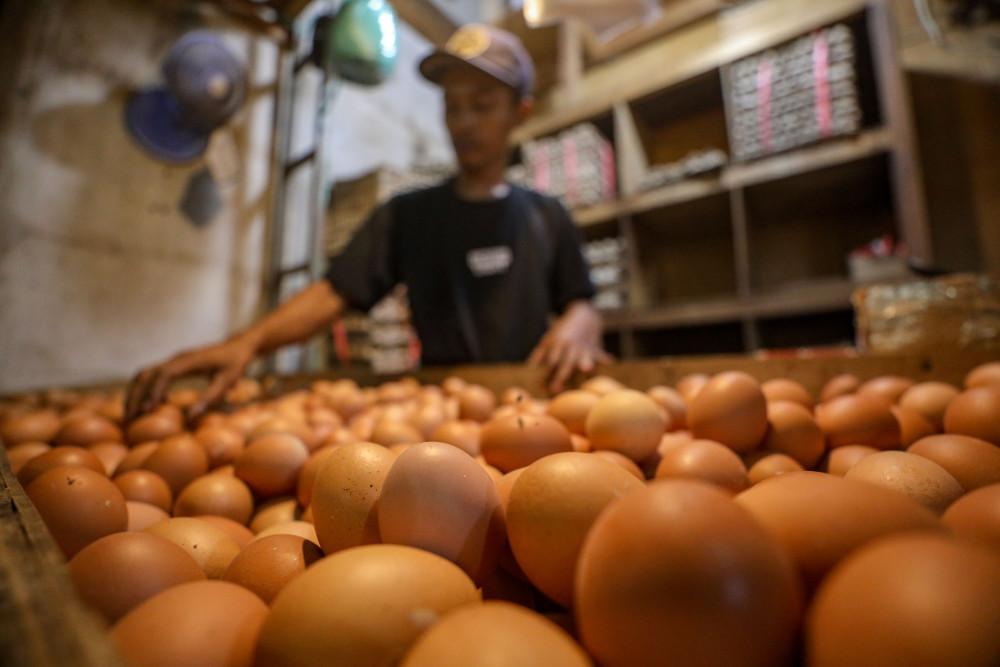 Pedagang menata telur ayam di salah satu pasar di Jakarta, Minggu (10/5/2026). Bisnis/Eusebio Chrysnamurti