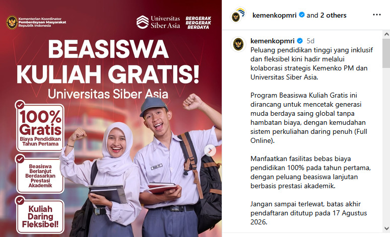 Beasiswa Universitas Siber Asia. Foto: Instagram @kemenkopmri
