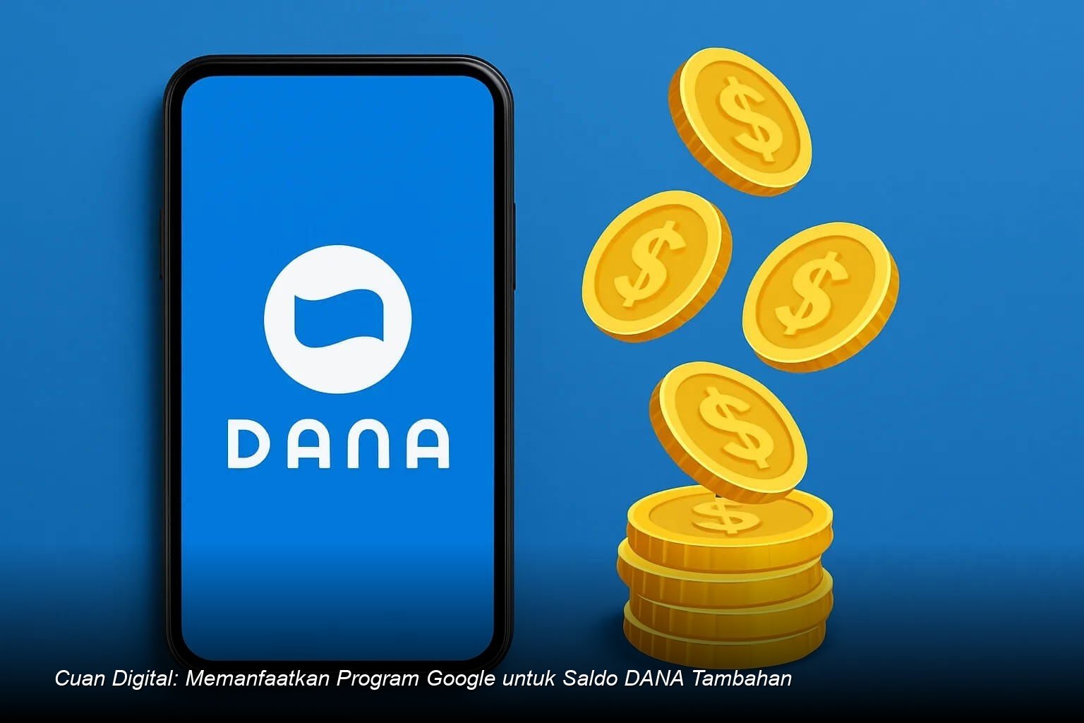 Ilustrasi seseorang sedang memegang ponsel dengan notifikasi saldo DANA muncul di layar, di latar belakang terdapat logo Google.
