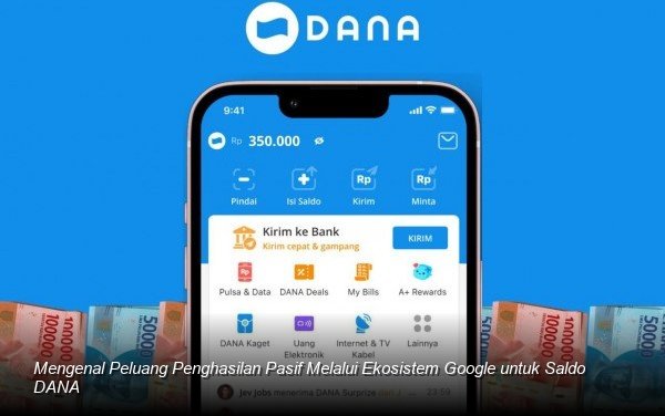 Ilustrasi seseorang sedang memantau dashboard pendapatan digital di perangkat laptop dengan logo DANA terlihat samar di latar belakang.
