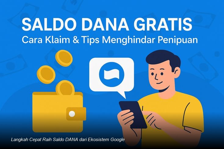 Tampilan ilustrasi smartphone dengan notifikasi survei dari Google dan logo dompet digital DANA.