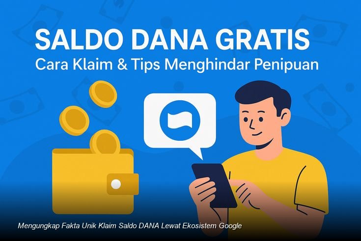 Ilustrasi seseorang memegang ponsel dengan logo Google dan DANA yang terhubung secara digital.