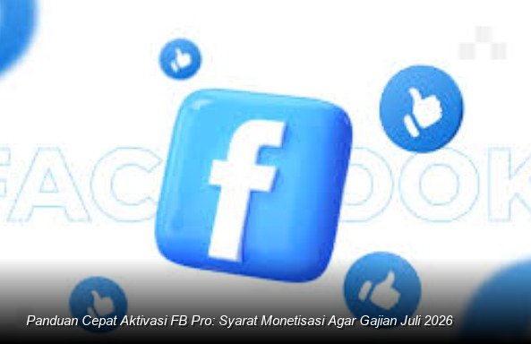 Ilustrasi tampilan dasbor Facebook Professional Mode di smartphone menunjukkan metrik performa konten yang positif dan ikon notifikasi pembayaran yang siap diterima.
