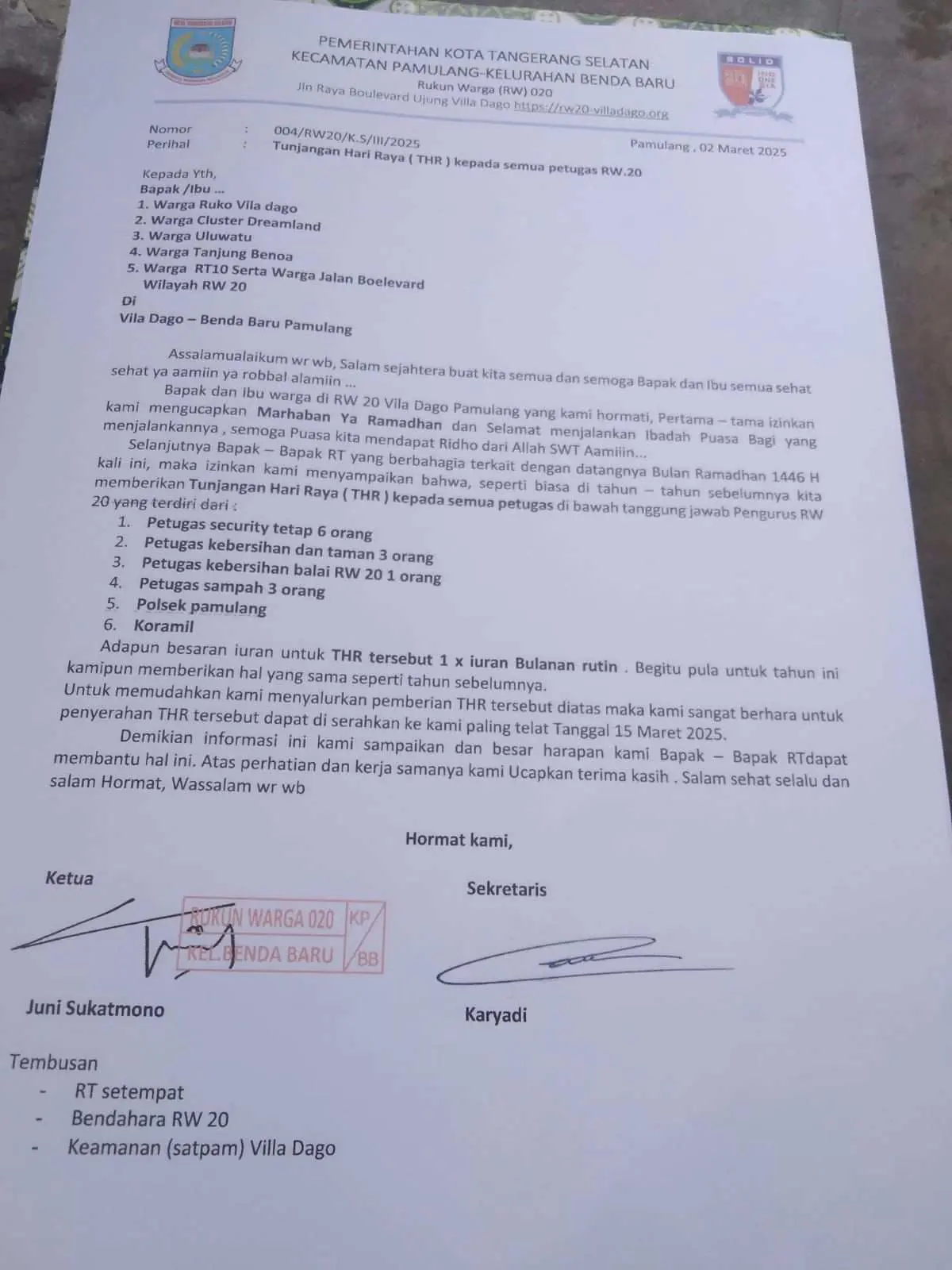 Geger Surat Edaran THR: Ketua RW Vila Dago Pamulang Catut Polsek dan Koramil, Warga Resah!