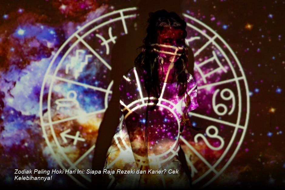 Ilustrasi visualisasi rasi bintang dengan garis cahaya emas yang menghubungkan simbol-simbol zodiak di latar belakang langit malam.