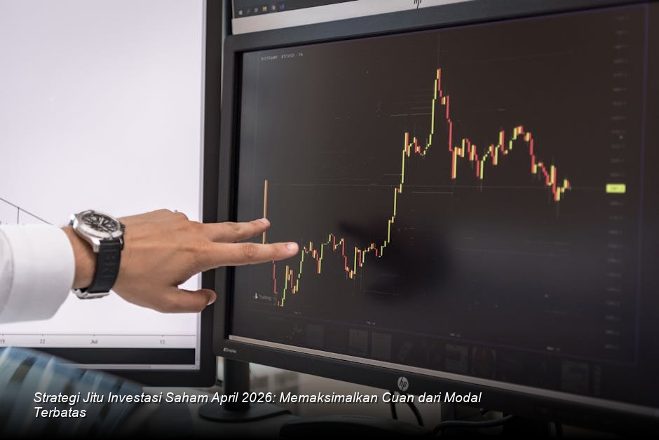 Suasana lantai bursa modern dengan layar monitor menampilkan grafik *candlestick* berwarna hijau yang menanjak tajam, menandakan optimisme pasar.