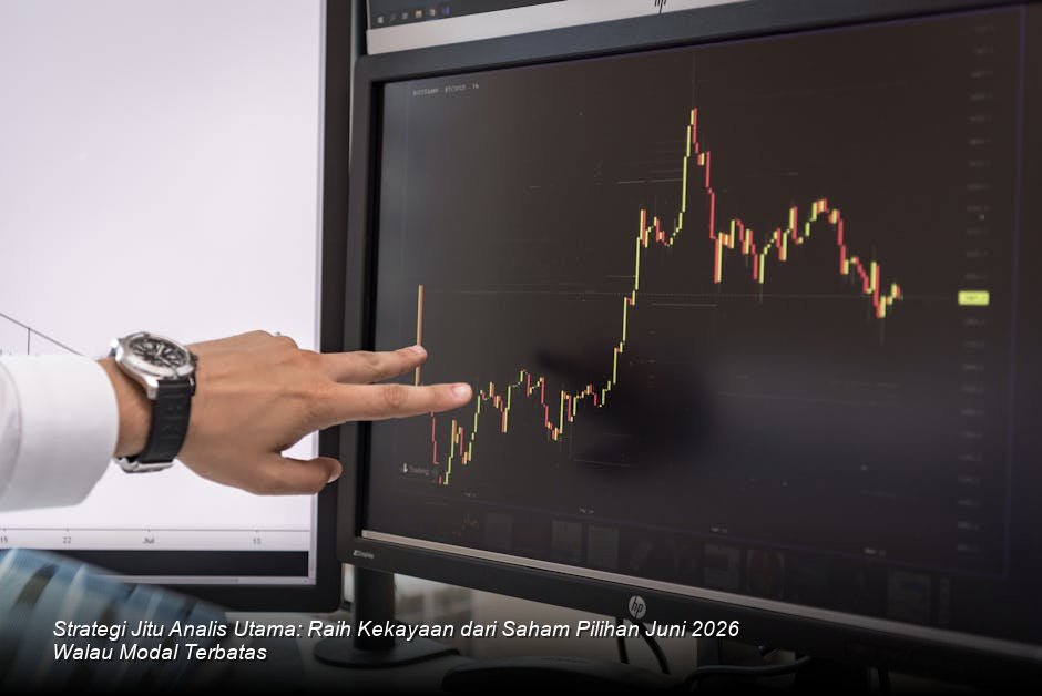 Visualisasi modern grafik saham berwarna hijau cerah menunjukkan kenaikan stabil di atas garis rata-rata bergerak, melambangkan optimisme pasar Juni 2026.