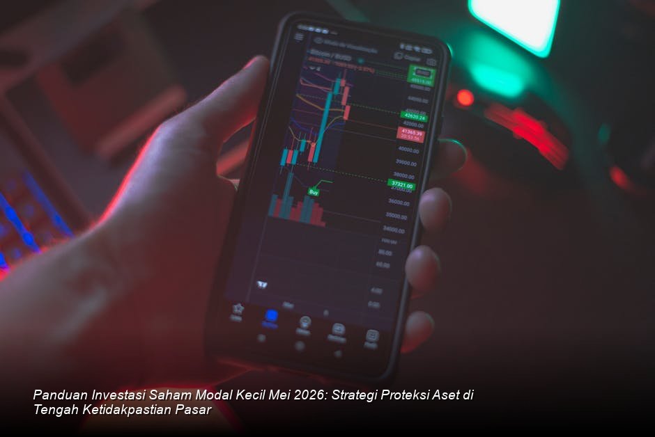 Tampilan grafik saham berwarna hijau yang menunjukkan kenaikan stabil di layar monitor modern di lantai bursa yang sibuk.