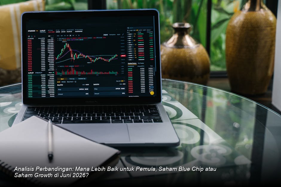 Visualisasi modern dari grafik harga saham berwarna hijau yang menanjak perlahan namun stabil di atas latar belakang bursa efek abstrak.