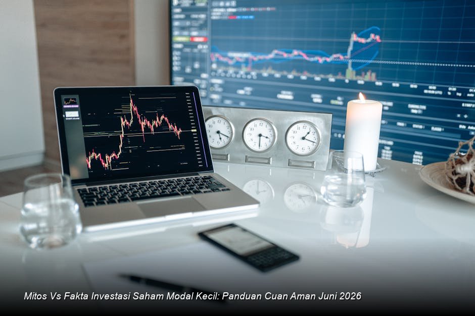 Suasana ruang trading modern dengan layar monitor menampilkan grafik candlestick berwarna hijau yang menunjukkan tren kenaikan minor di Bursa Efek Indonesia.